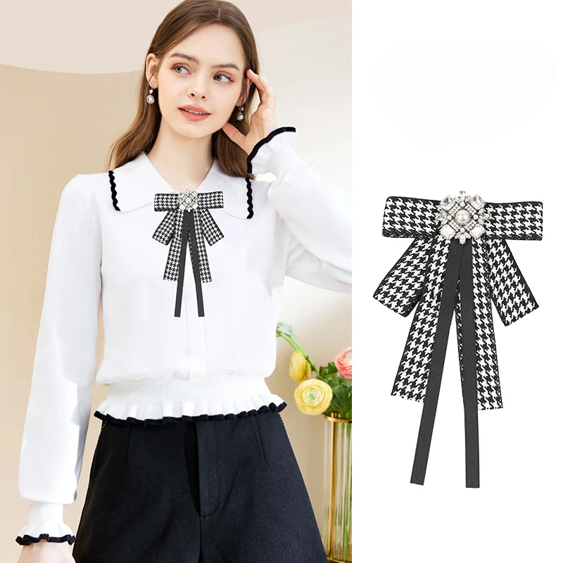 Korean Trendy Houndstooth Ribbon Flower Bow Brooch for Women's Bow Tie Pearl Collar College Bows Coat Wedding Accessories image 2