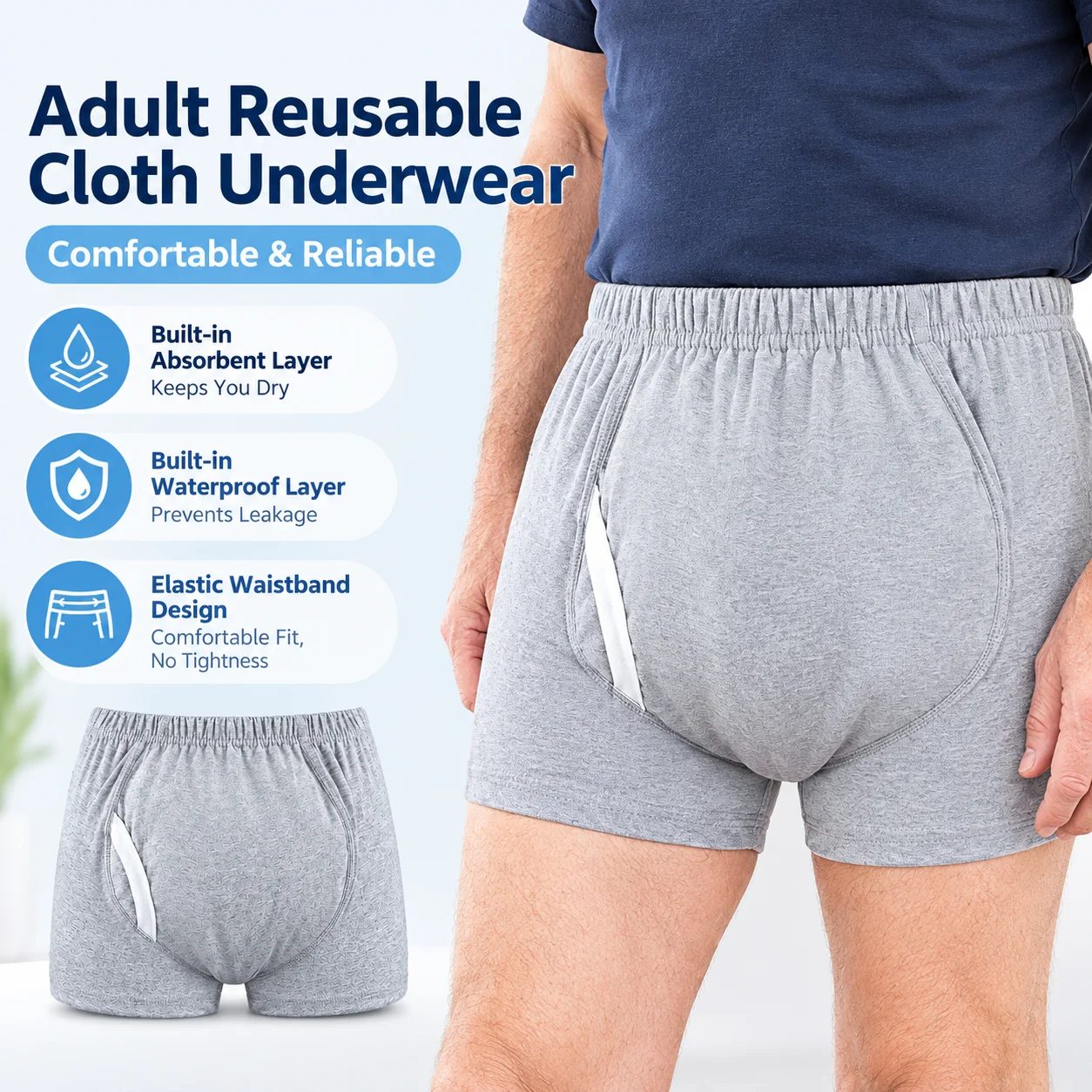 2Pcs Reusable Washable Adult Incontinence Underwear Solid Color Breathable Absorbent Boxer Briefs for Elderly Bedridden Patients
