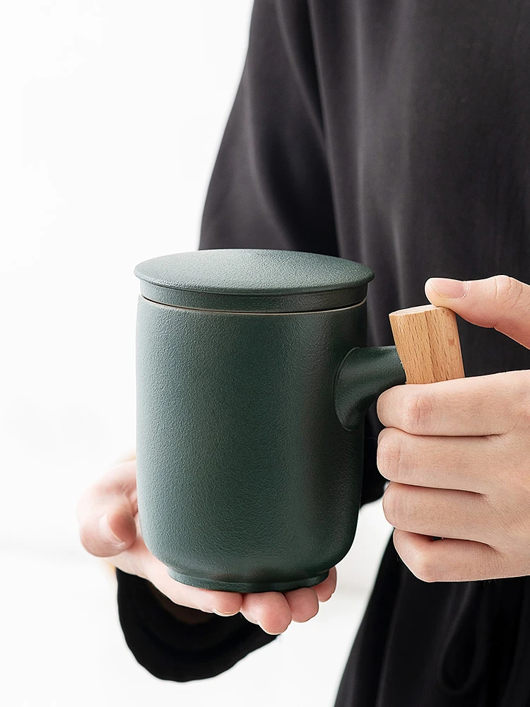 Wooden Handle Mug with Lid Ceramic Tea Separation Cup Frosted Home Office Filtration Creativity Solid Color Simplicity Public