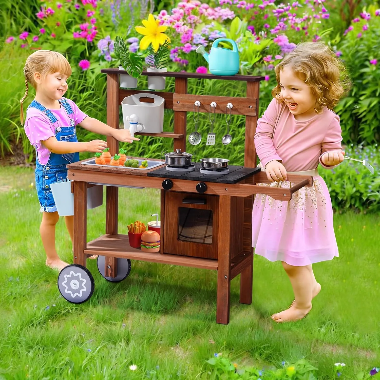 

Outdoor Mud Kitchen Toy for Kids with Wheels Water Sink Wooden Kitchen Playset for Backyard Pretend Play Cooking for Boys Girls