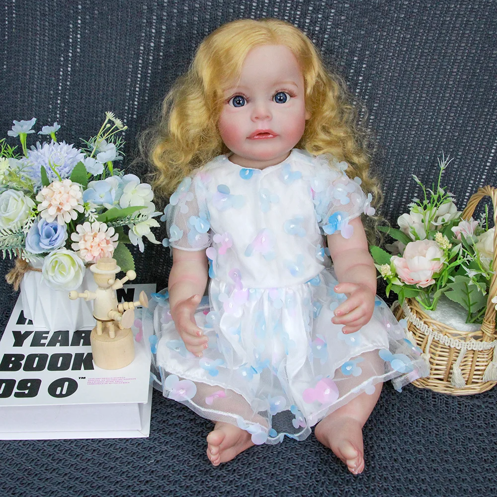 Muñeca Reborn Girl de vinilo de 22" - Pelo rubio rizado, ojos azules, vestido de princesa blanco, poseable con chupete/botella/crema de nacimiento, regalo