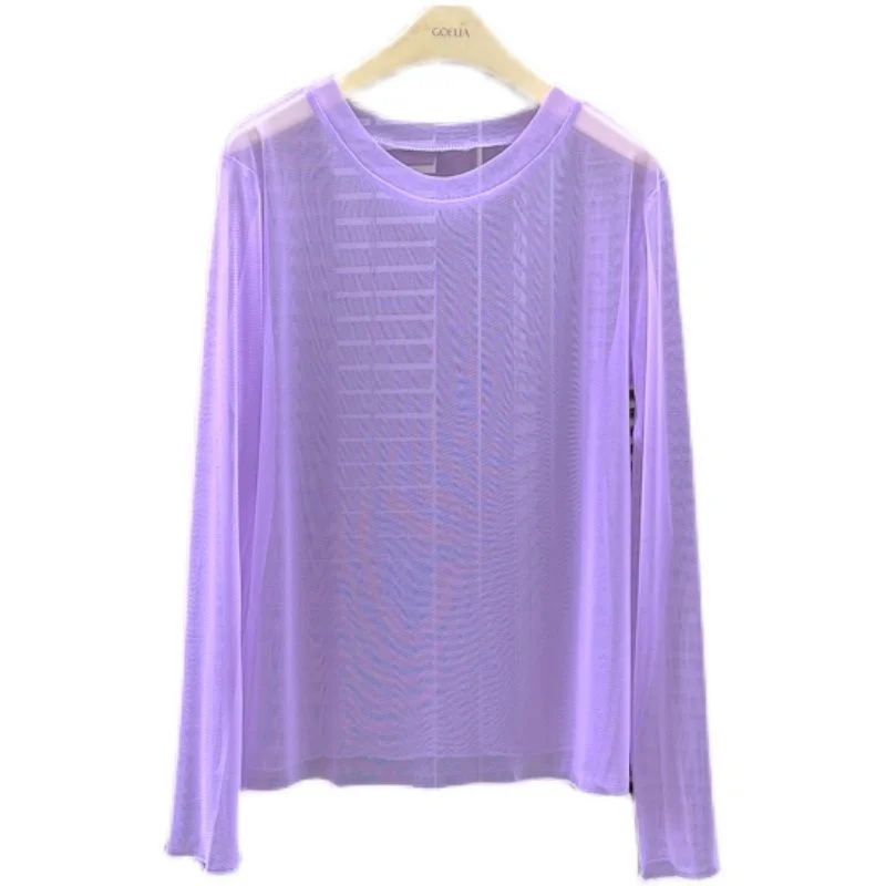 Ice Silk Long Sleeve T-shirt Women New Summer Sunscreen Clothes Candy Color Mesh Bottom Coat Thin Style Overlapping Top