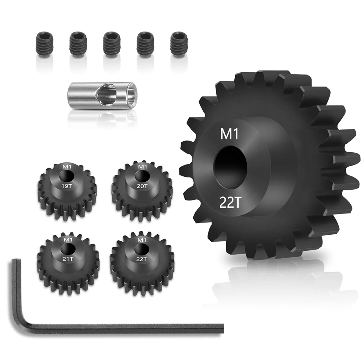 A72I Mod 1 Pinion Gear Set 4PCS, 19T 20T 21T 22T M1 Pinion Gear Metal Hardened Steel Fit 5mm RC Motor Shaft with Hex Key