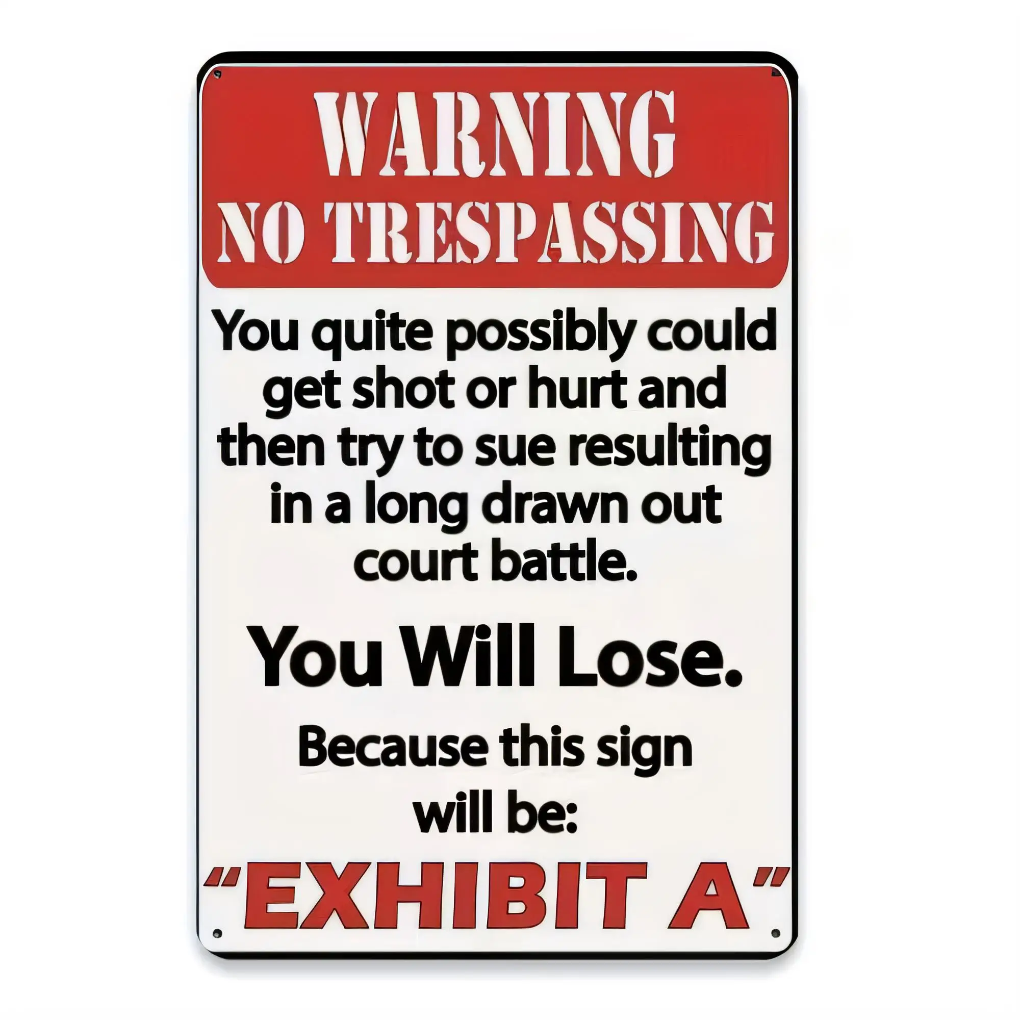 Tin Sign Warning No Trespassing You Might Get Shot Hurt Then Sue Court Battle You Will Lose Exhibit A Vintage Metal Plaque Wall