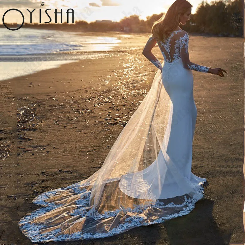 Oyisha Illusion zurück Applikationen Brautkleid für Frauen Langarm Meerjungfrau Brautkleider V-Ausschnitt Satin Vestido de Novia nach Maß Illusion Back Appliques Hochzeitskleid für Frauen lange Ärmel Meerjungfrau Braut