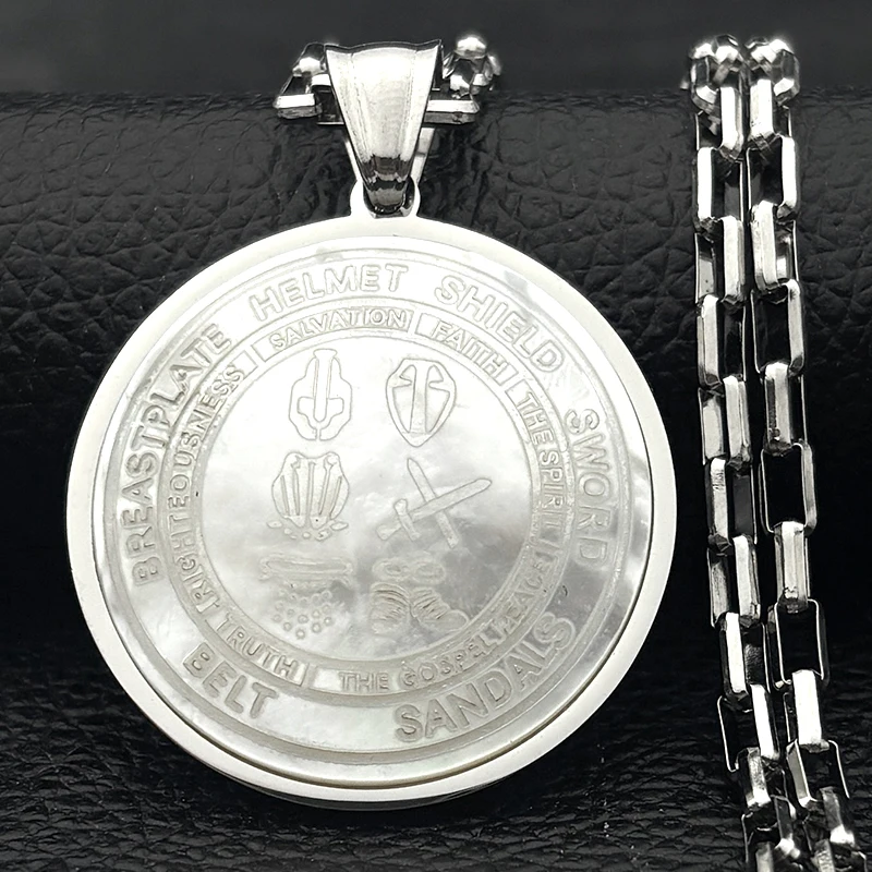 ทั้งเกราะของพระเจ้า Shell จี้สร้อยคอสําหรับหญิงชายสแตนเลส Talisman คริสเตียน Spiritual เกราะป้องกันเครื่องประดับ