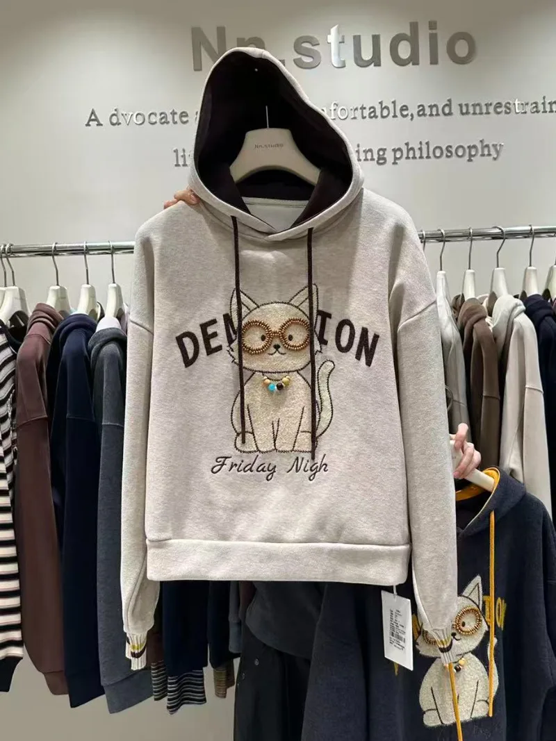 متعة لطيف القط هوديي تصميم صوف مبطن سميكة البلوز المرأة الشتاء الشباب فضفاض التخسيس طويلة الأكمام هوديس معطف #5