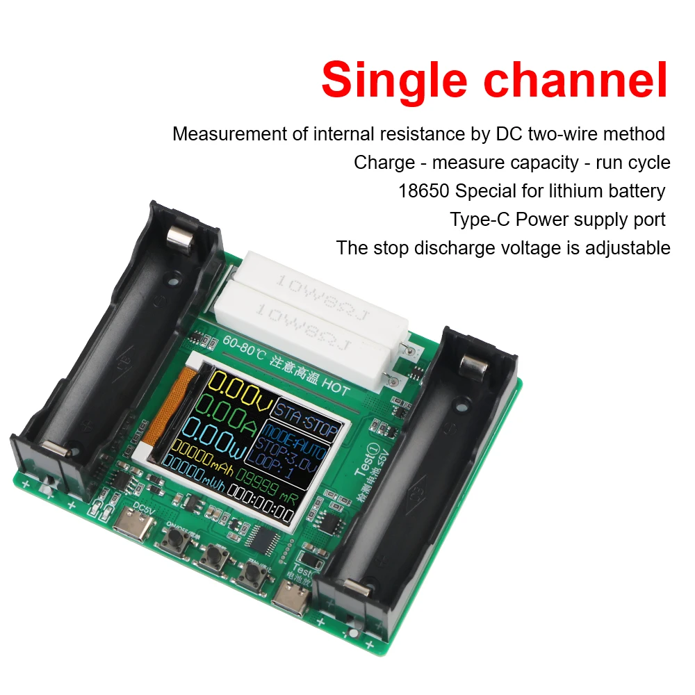 Dispositivo de carga y descarga, analizador electrónico de resistencia, probador de capacidad de batería de litio 18650, Adaptador tipo C de 5V