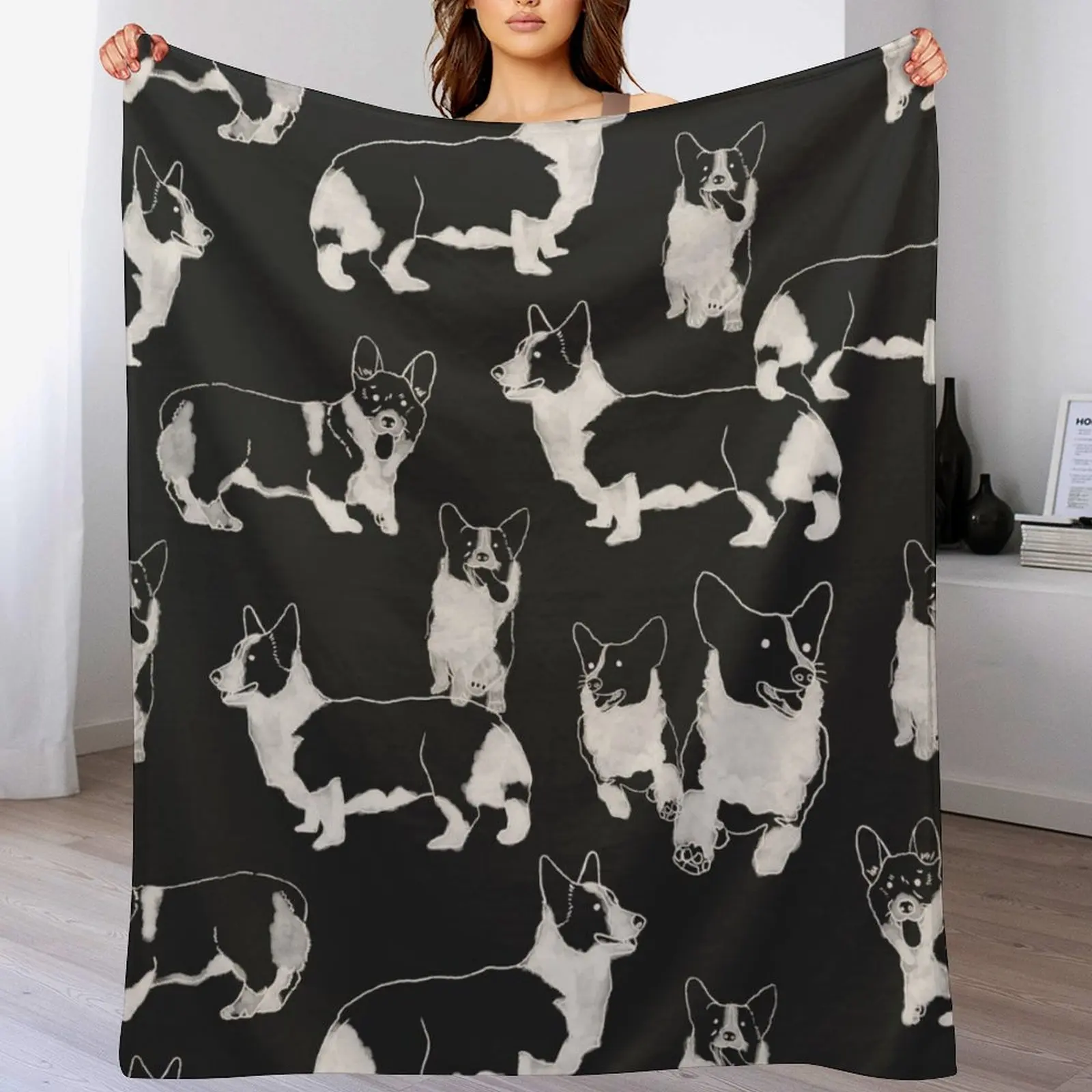 

Pembroke Welsh Corgi Black & White Dog pattern Throw Blanket Picnic warm for winter For Decorative Sofa Plush Blankets