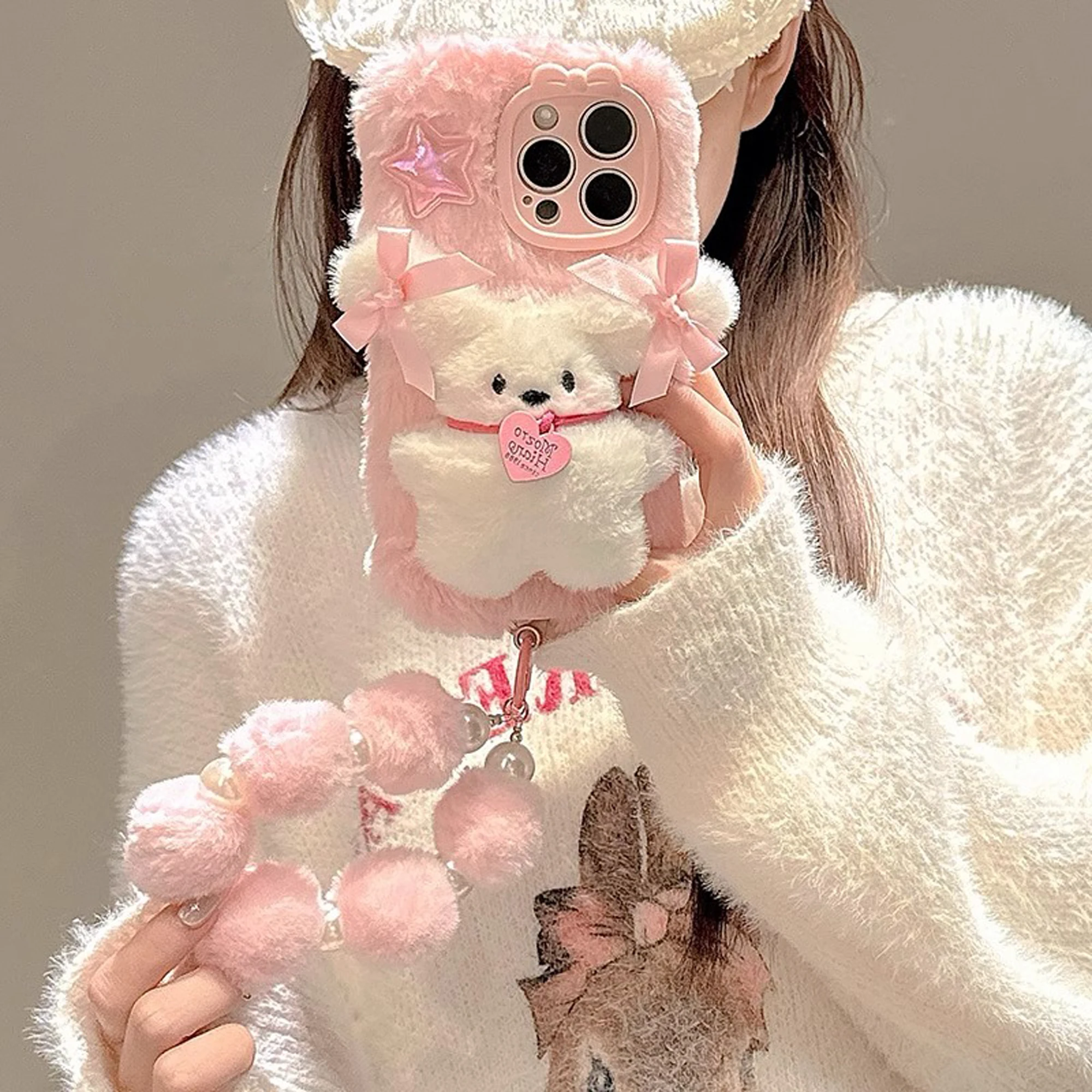 Pink Plush 3D Doll Case with Chain Cute Cell Phone Accessories For iPhone 16 15 14 13 12 11 Pro Max