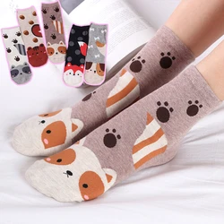 Spring Autumn Women Cute Crew Socks Kawaii Cartoon Animal Fox Dog Squirrel Raccoon Paw Print Funny Female Casual Mid Tube Socks