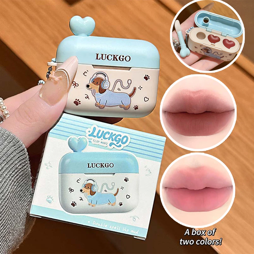 LUCKGO Double Tube Velvet Matte Lip Glaze Combination Two-pack Matte Headphone Shaped Pendant Lip Tint Lip Glaze with Lip Brush