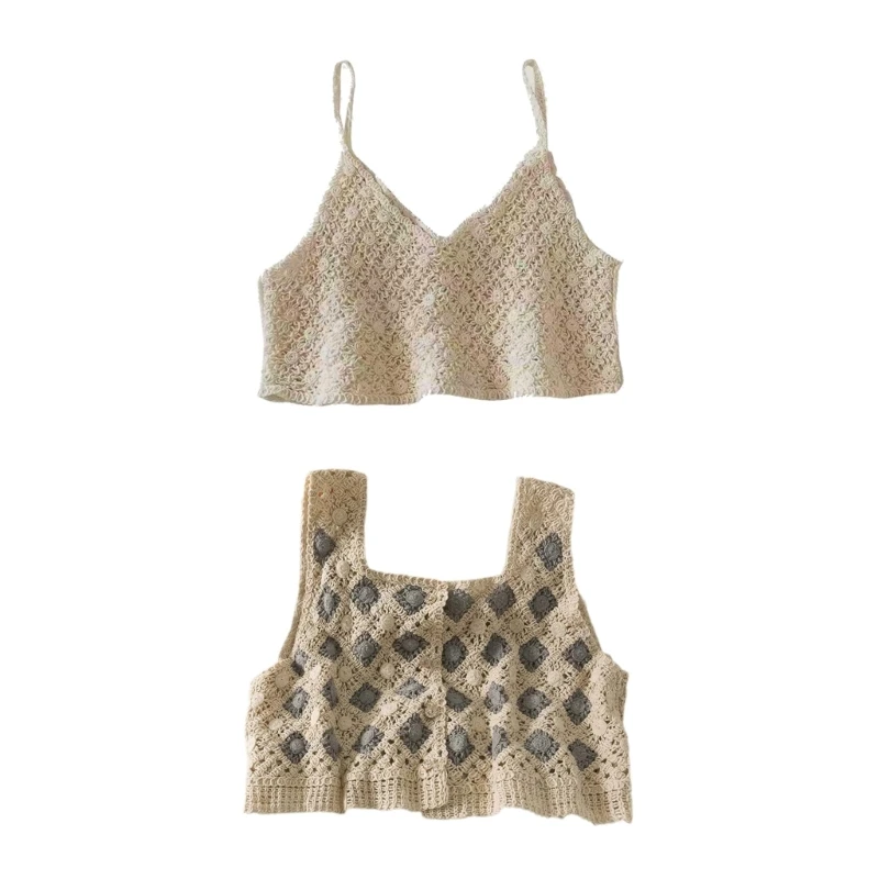 

Apricot+Lattice Vest Hollow out Knit Crop Top Women Vintage Sweet Crochet Sleeveless Camisole Vintage Sexy Seaside Sling