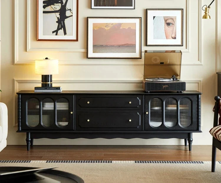 

French retro light luxury solid wood TV cabinet American black storage locker integrated