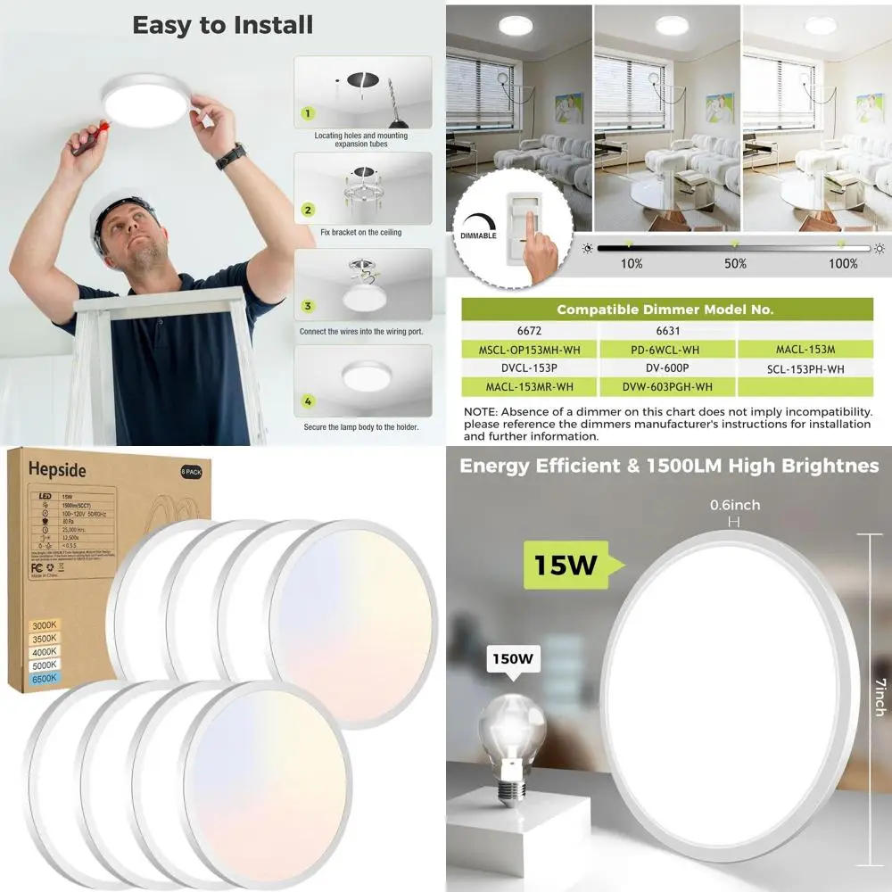 

7-Inch 15W Dimmable LED Flush Mount Ceiling Light, 1500LM, Adjustable Warm to Cool White for Home Use