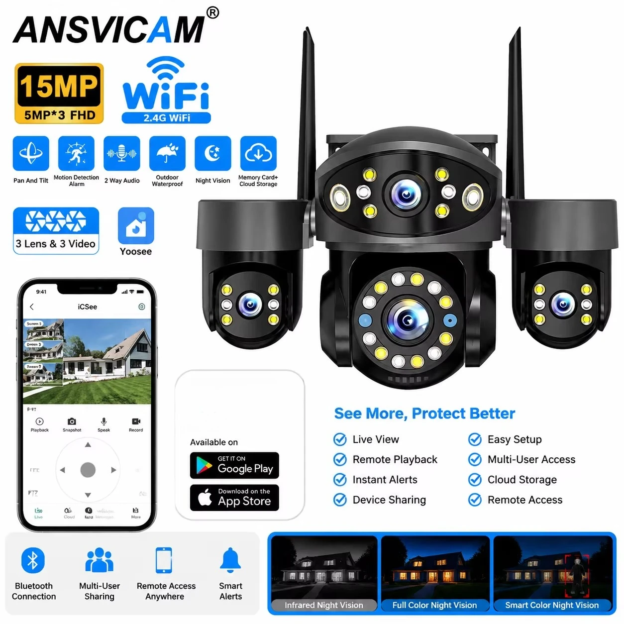 15MP 6K WiFi PTZ Security Camera Outdoor Triple Lens IP Camera Night Vision Waterproof CCTV Camera