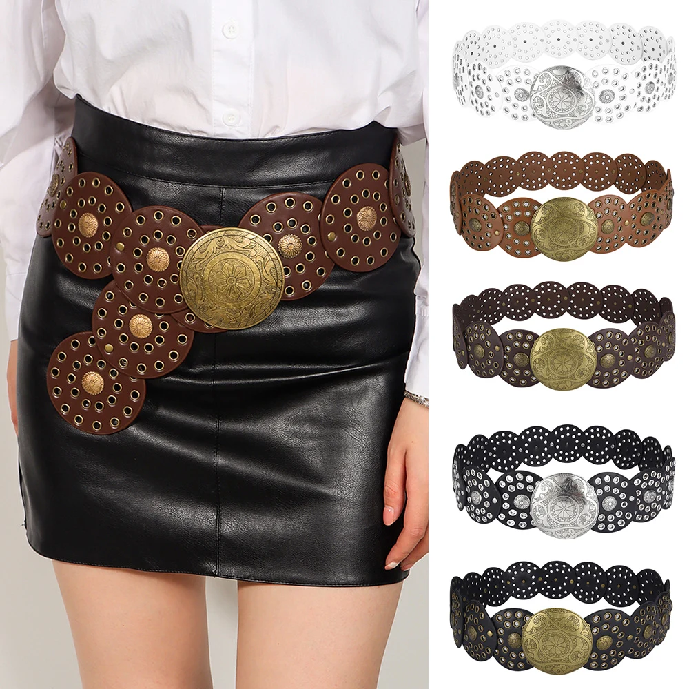 

Retro Fashion Belt Ladies Punk Exaggerated PU Waist Decorated With Wafer Splicing Personality Belt Jeans Dress Decorative