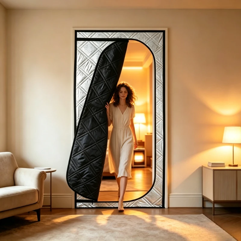 Nail-Free Winter Door Curtain Model D with Zipper, Oxford Fabric Aluminum Membrane Liner Wind Block Warm Divider Drape