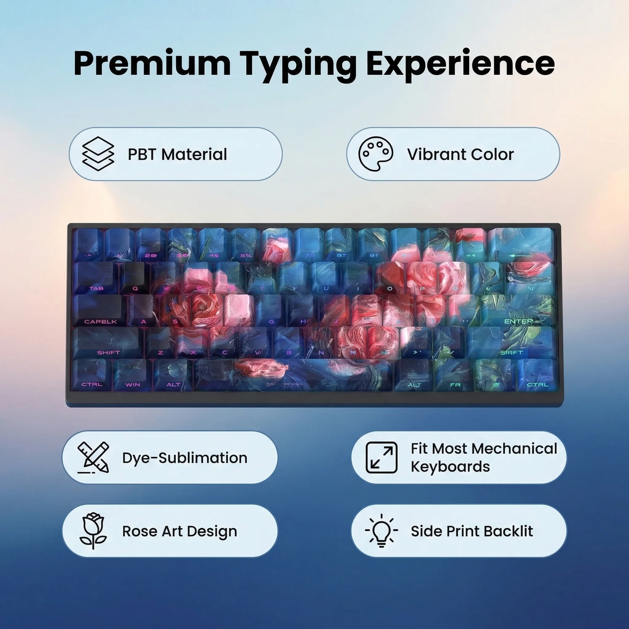 Artistic Floral Keycaps Cherry PBT Side Printed Backlit Set For 75% Keyboard Blue Shine Through