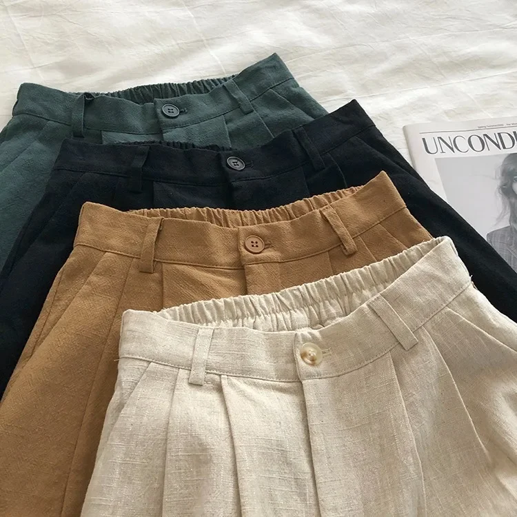 Cotton Linen Shorts Women Streatwear High Waist Wide Leg Shorts Suit Casual 2025 Summer Sport Pleated Female Loose Button Pants