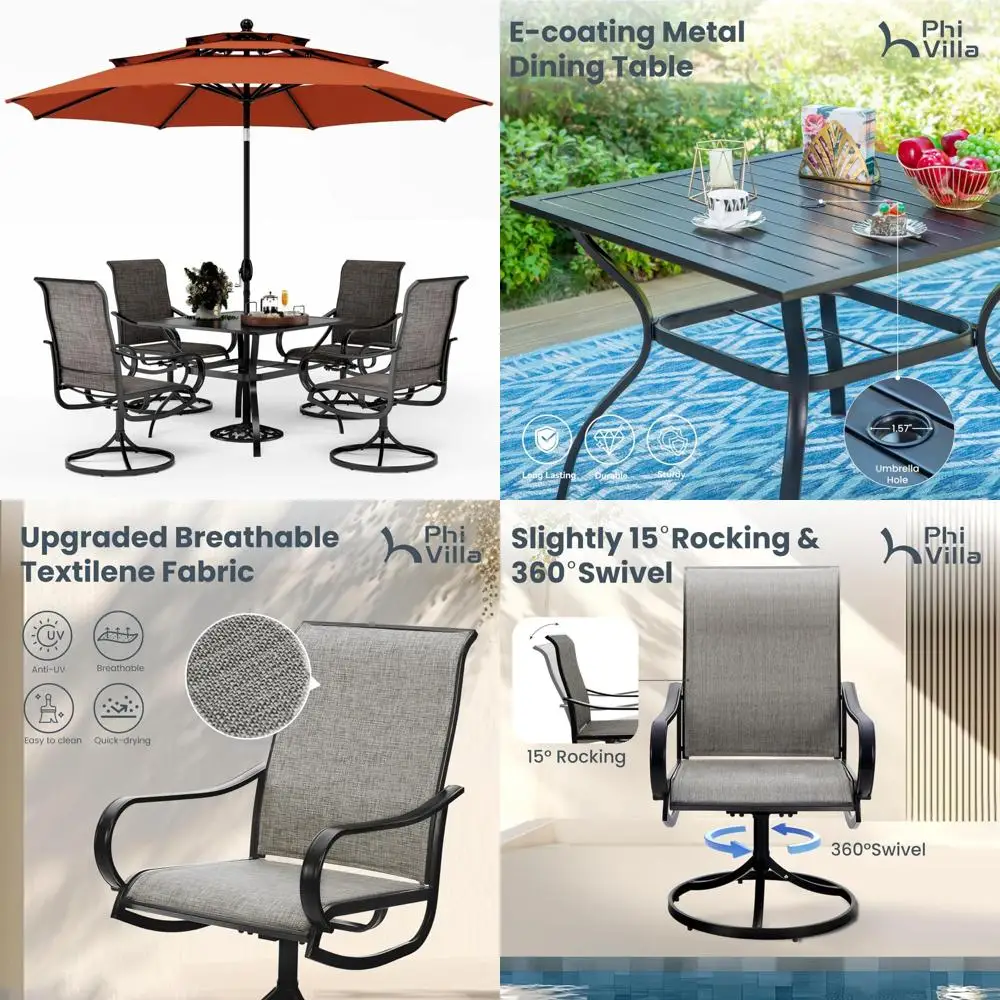 

4-Person Outdoor Dining Set with Swivel Chairs and Square Metal Table Including Umbrella
