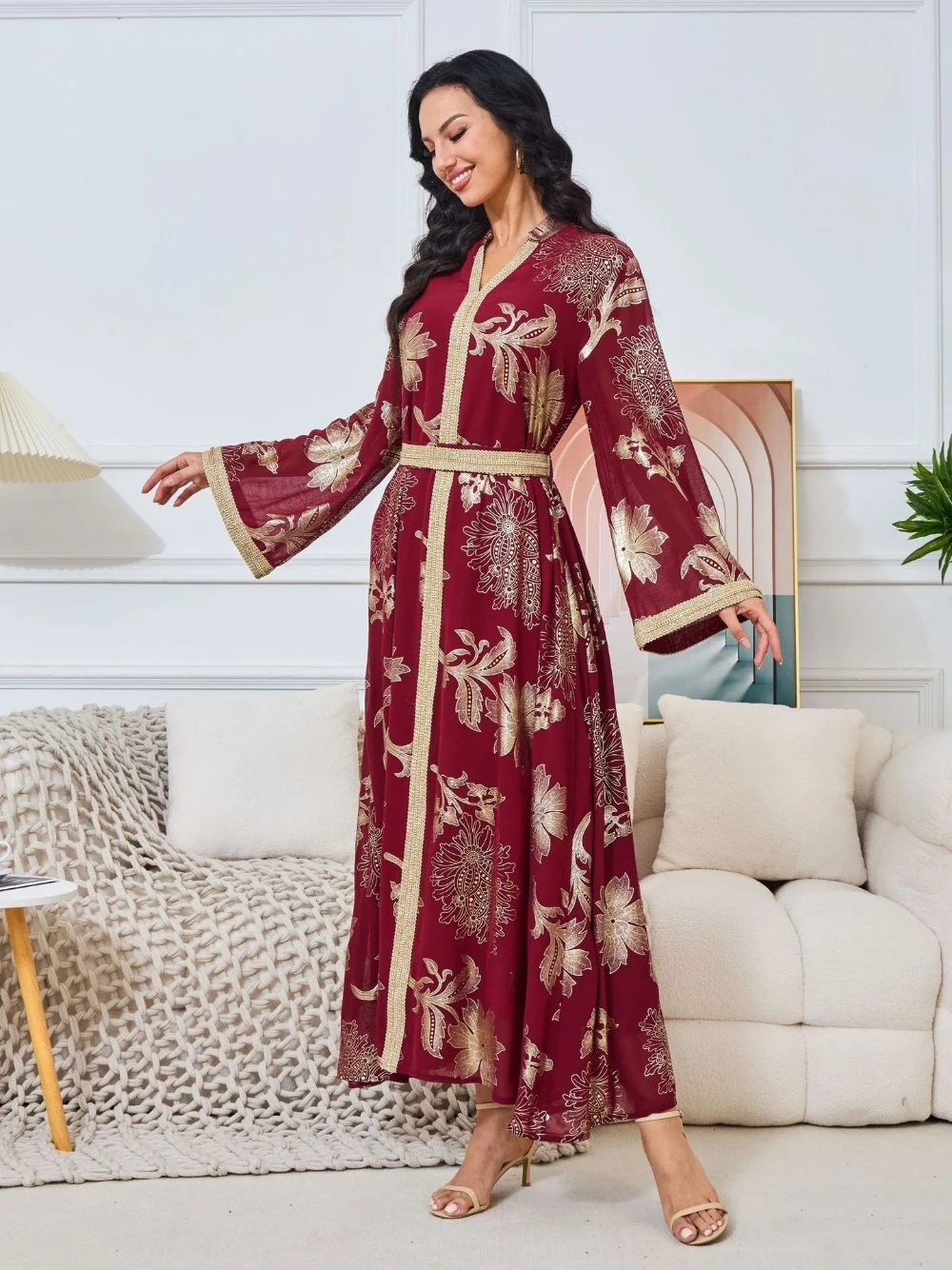 فستان سهرة طويل مريح من الشيفون للنساء المسلمات باللون العنابي مع تطريز زهور ذهبية وأكمام طويلة مقاس كبير ملابس الحفلات #2