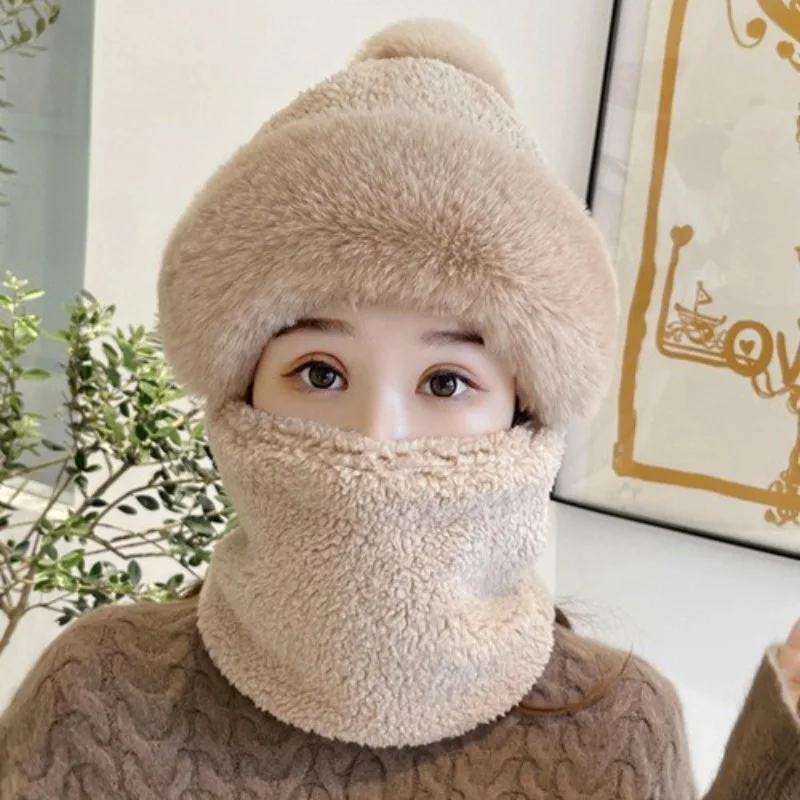 Lamb wool mask hat new scarf integrated cute bear ear protection warm plush hat