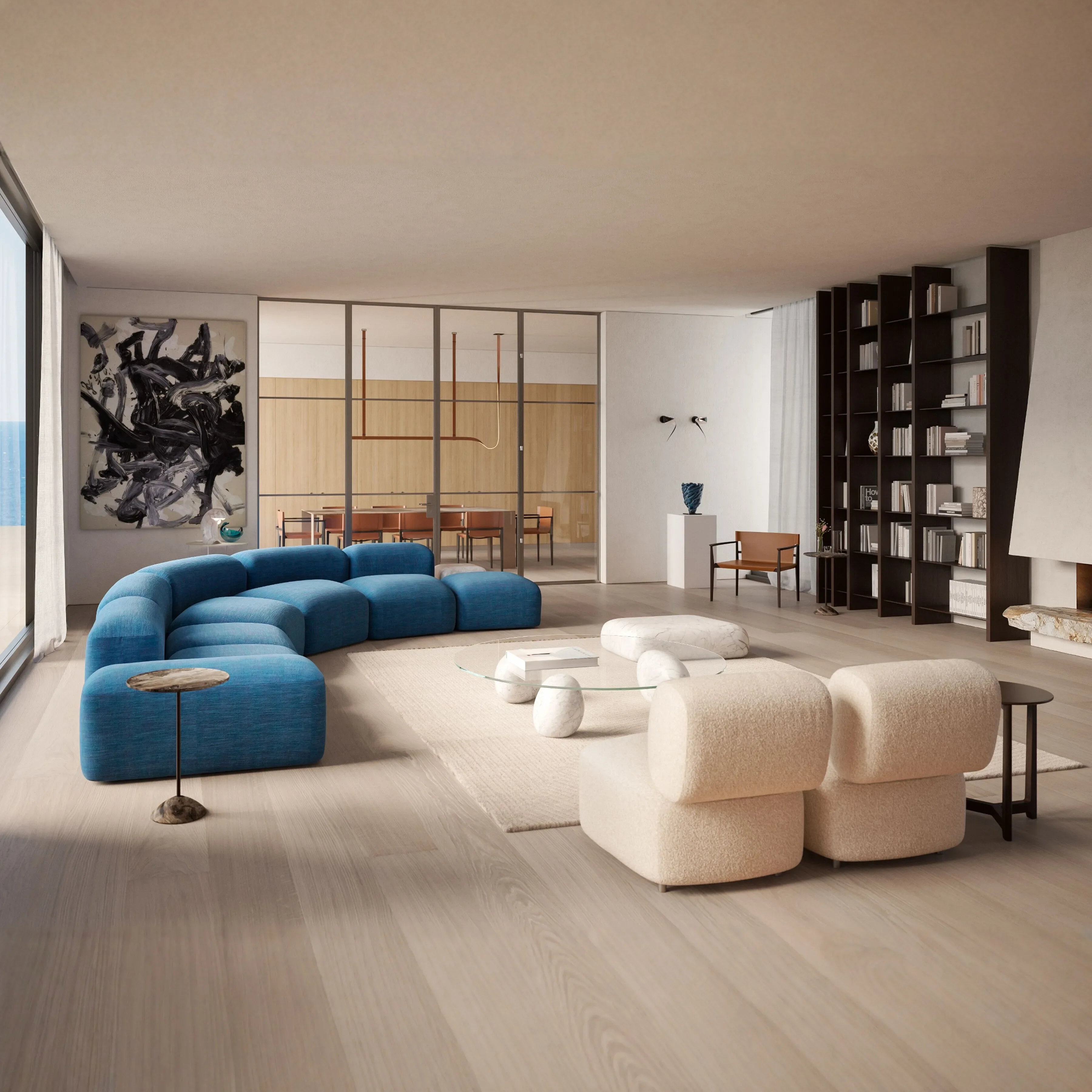 Italian minimalist style large flat floor negotiation module combination curved corner fabric sofa