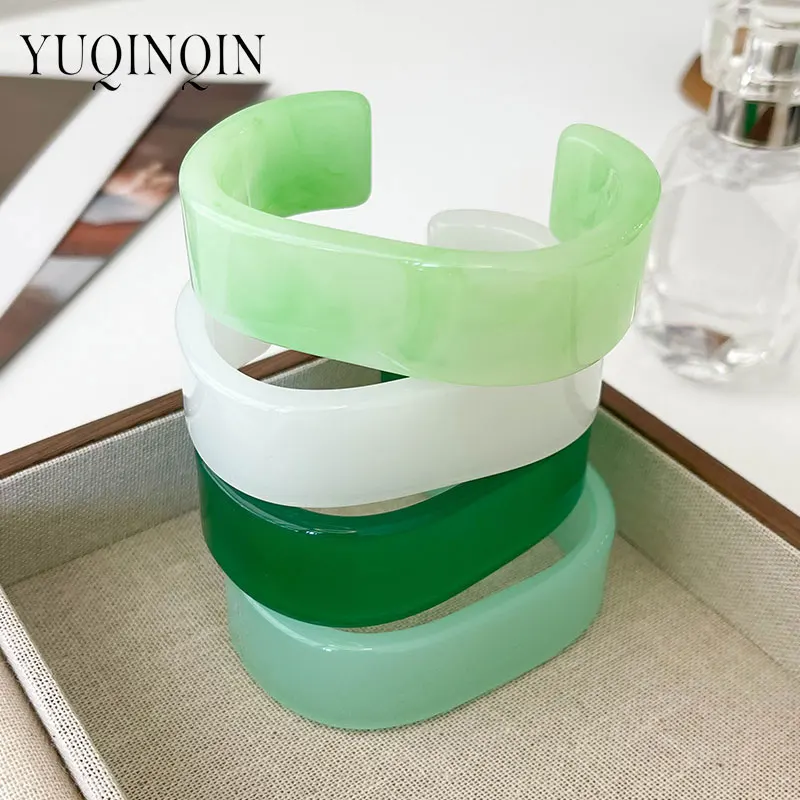 GuanLong New Trendy Green Imitation Jade Wide Bangles for Women Design Open Cuff Bracelet Bangle Charm Elegant Gift Accessories