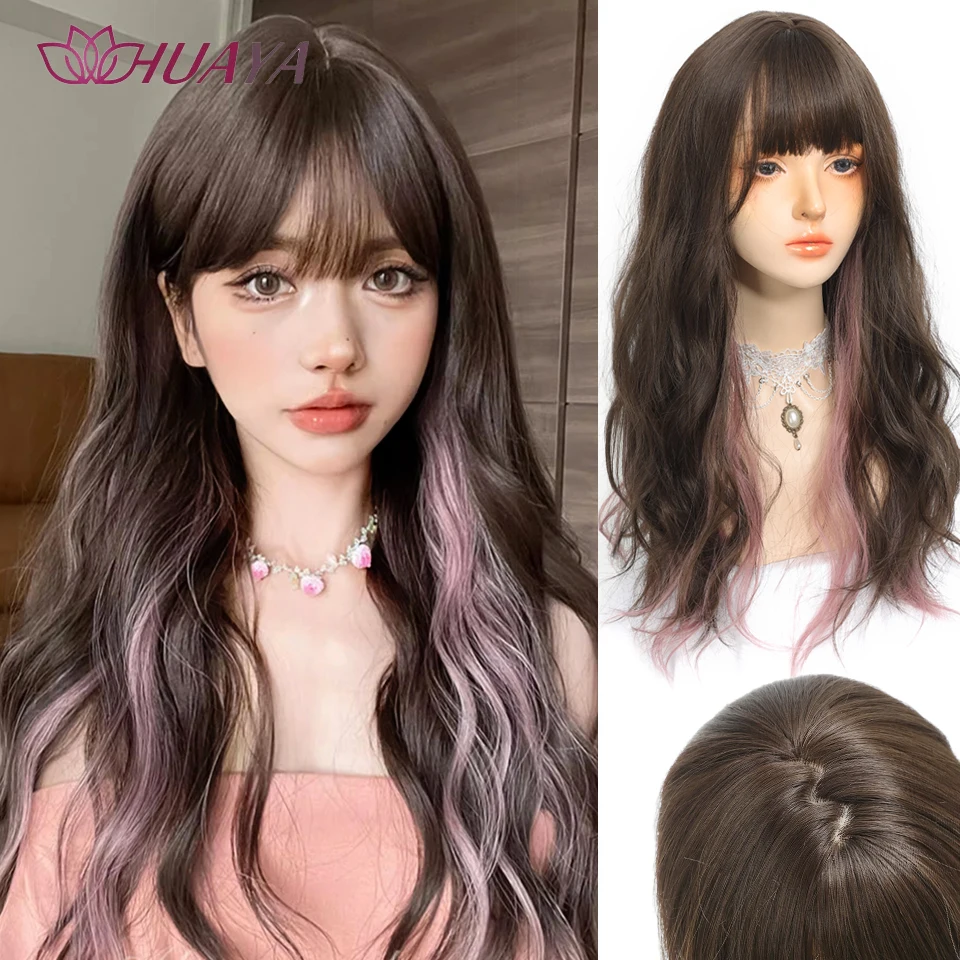 

HUAYA Cospaly Wig with Bangs Synthetic Long Wavy Black Mixed Pink Lolita Wigs Heat-Resistant Christmas Day Party Use