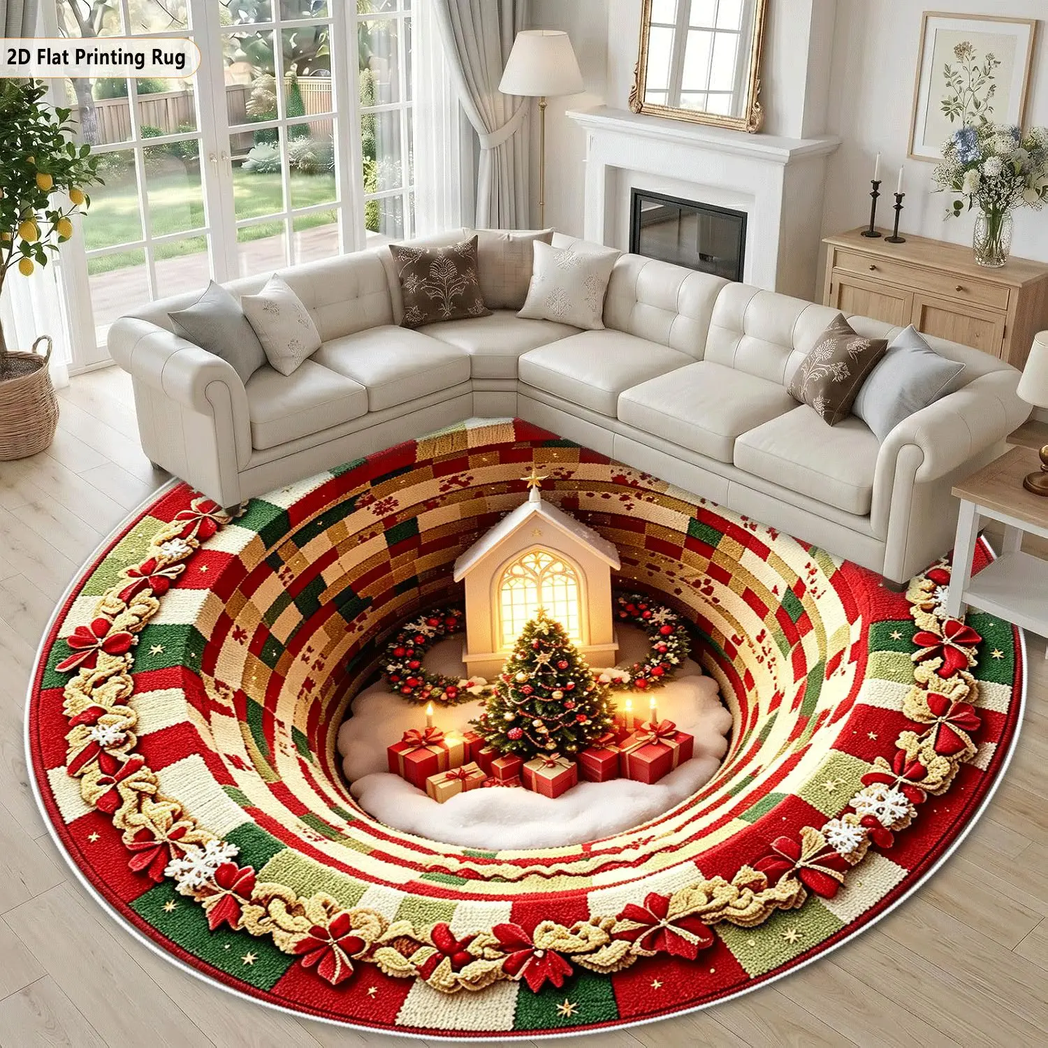 Christmas Round Floor Mat 3D Tunnel Effect Xmas House Tree Gift Design Soft Area Rug Home Decor for Christmas Holiday Gathering