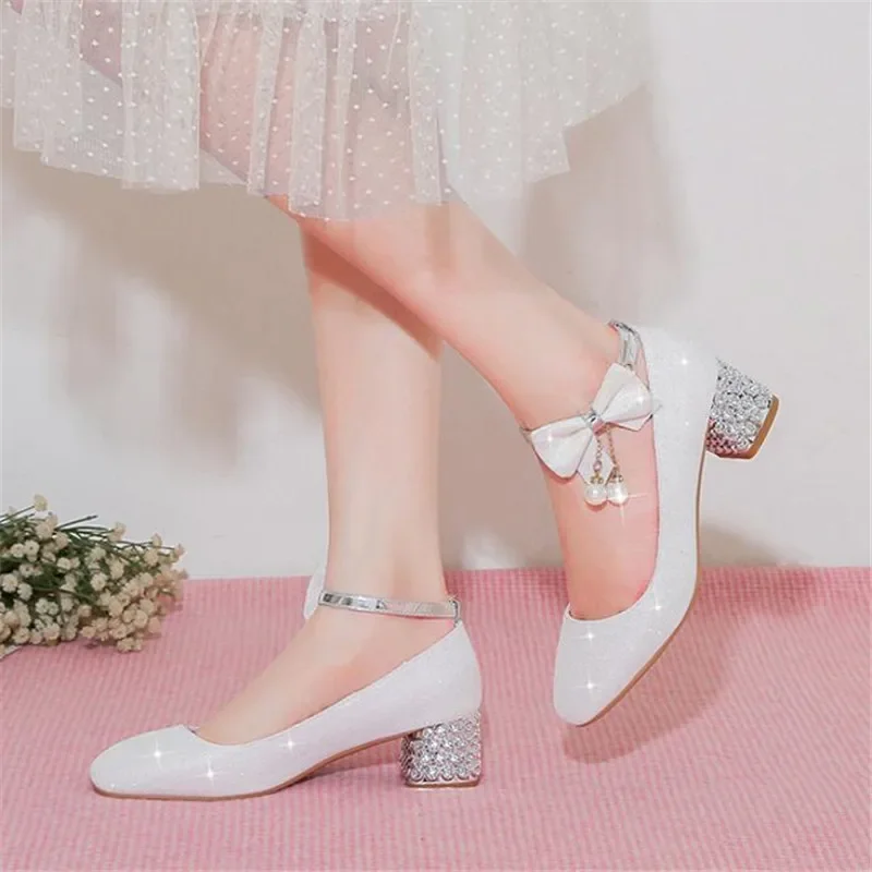 Zapatos de princesa para niña, zapato de rendimiento de cuero blanco, zapato de tacón alto de cristal para niños