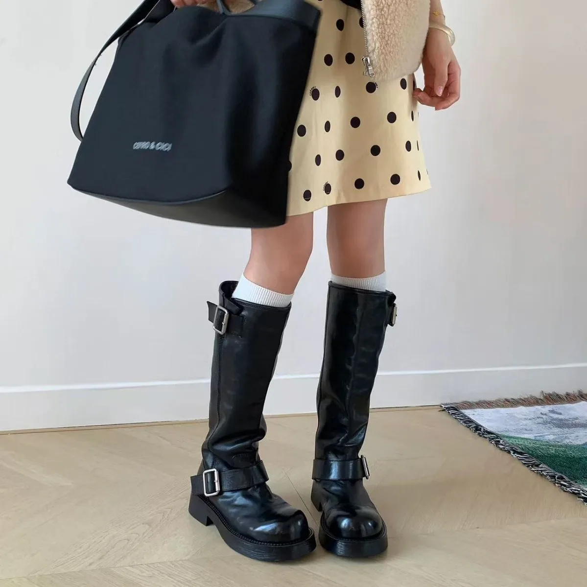 Women Belt Buckle Decorative Long Boots Wide Leg But Not Over Knee Knight Boots Thick Heel  Outdoor Boot Fashionable Casual view 2
