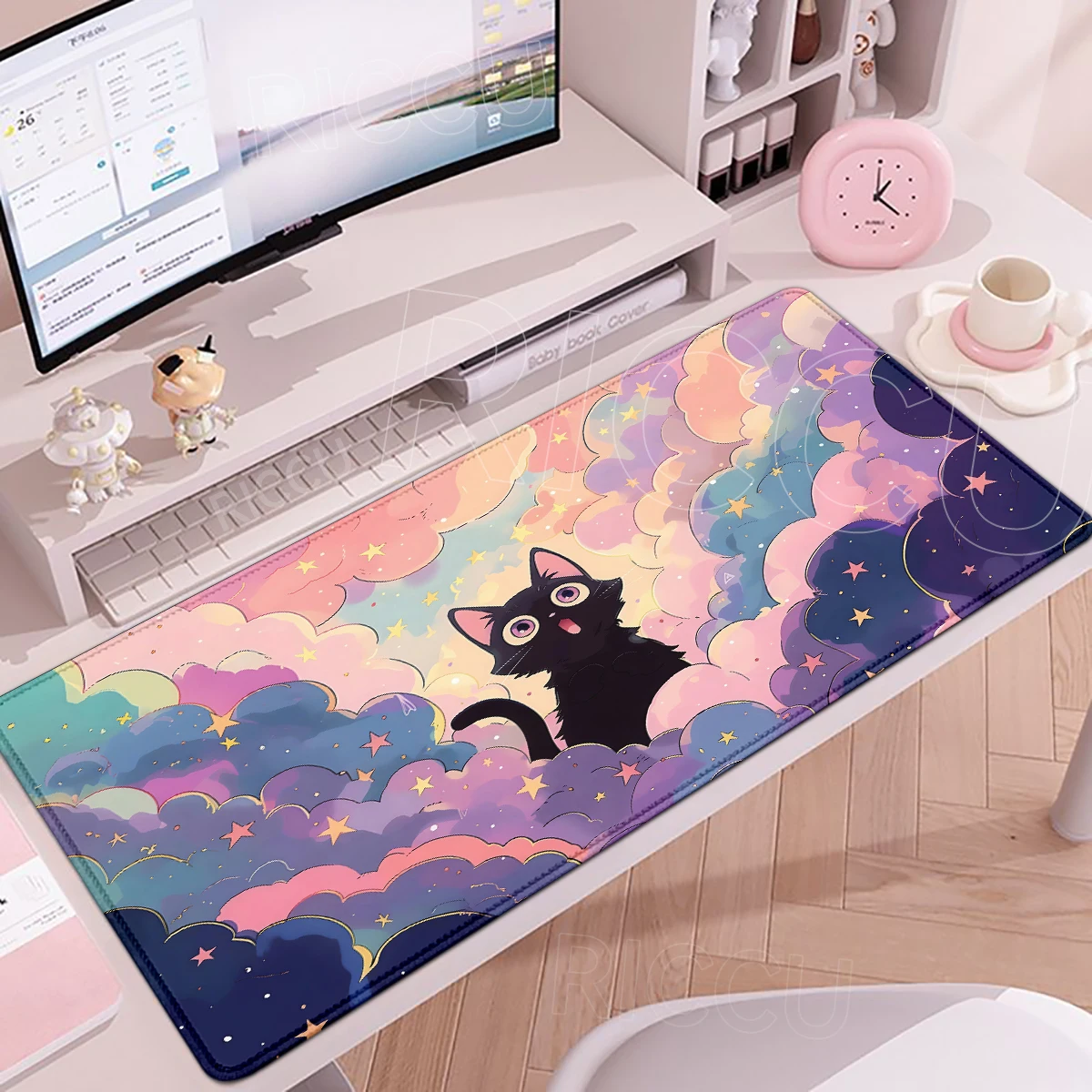 

The Black Cat on the Clouds Mousepad Kawaii Aesthetics Pink Cloud Desk Mat PC Keyboard Tablepad Xxl Gamer Rug Office Accessories