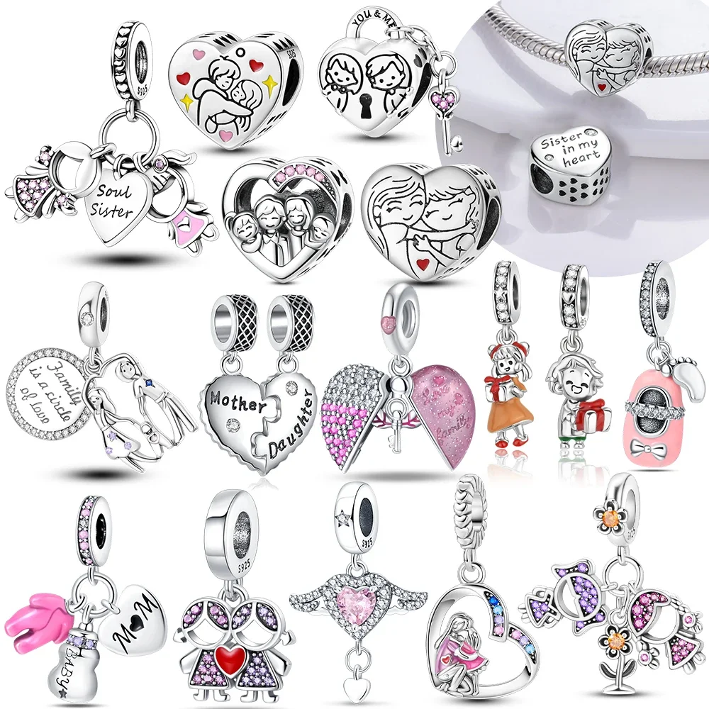 

Charms 925 Silver Original Pink Love Heart Hollow Out Girl Family Sisters Gift Beads Fit Bracelet Women Diy Gift Accessories
