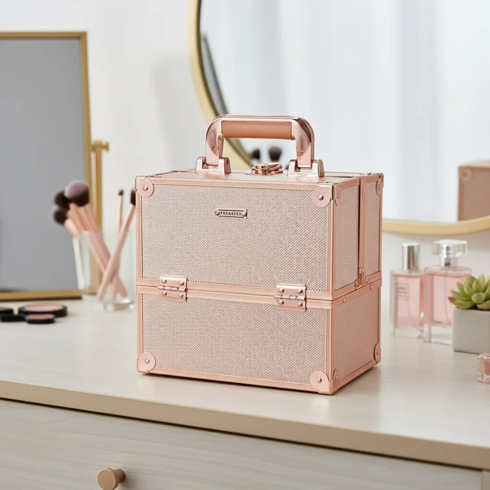 Estuche de tren de maquillaje portátil con cerradura con divisores, organizador de cosméticos de oro rosa para viajes y almacenamiento