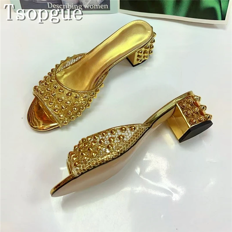 

Designer New Peep Toe Rivets Women Slippers Mesh Hollow Out Thick Heels Sandals Luxury Summer Dress Shoes