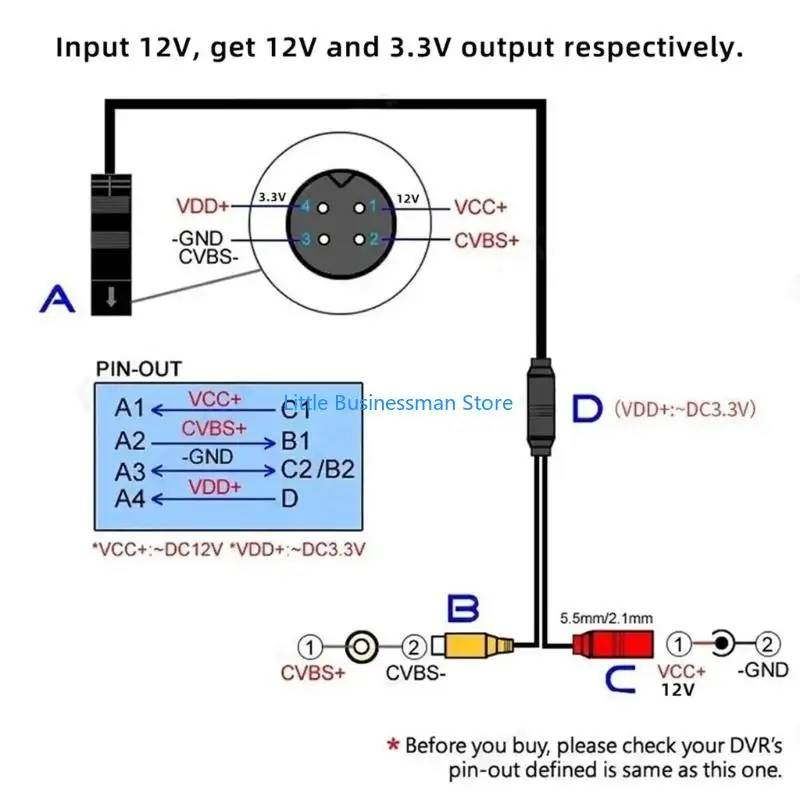 Backup Camera Adapter Harness with 4Pin Male and Female Adapter Cable 35cm M76A