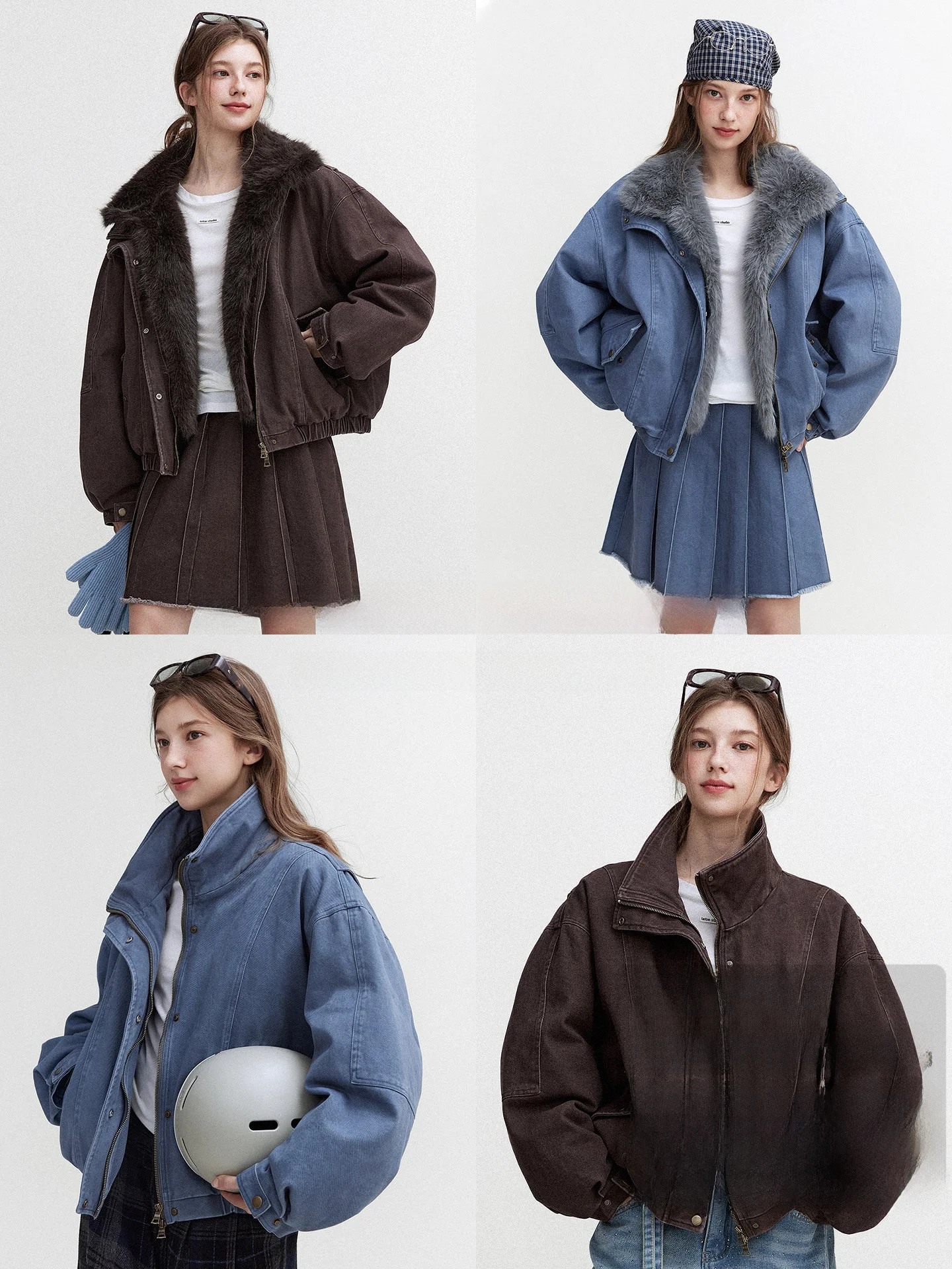 

Levintage Women's Denim Puffer Jacket with Removable Fur Collar 90 White Duck down Skirt Set Washed Style Commute Fashion