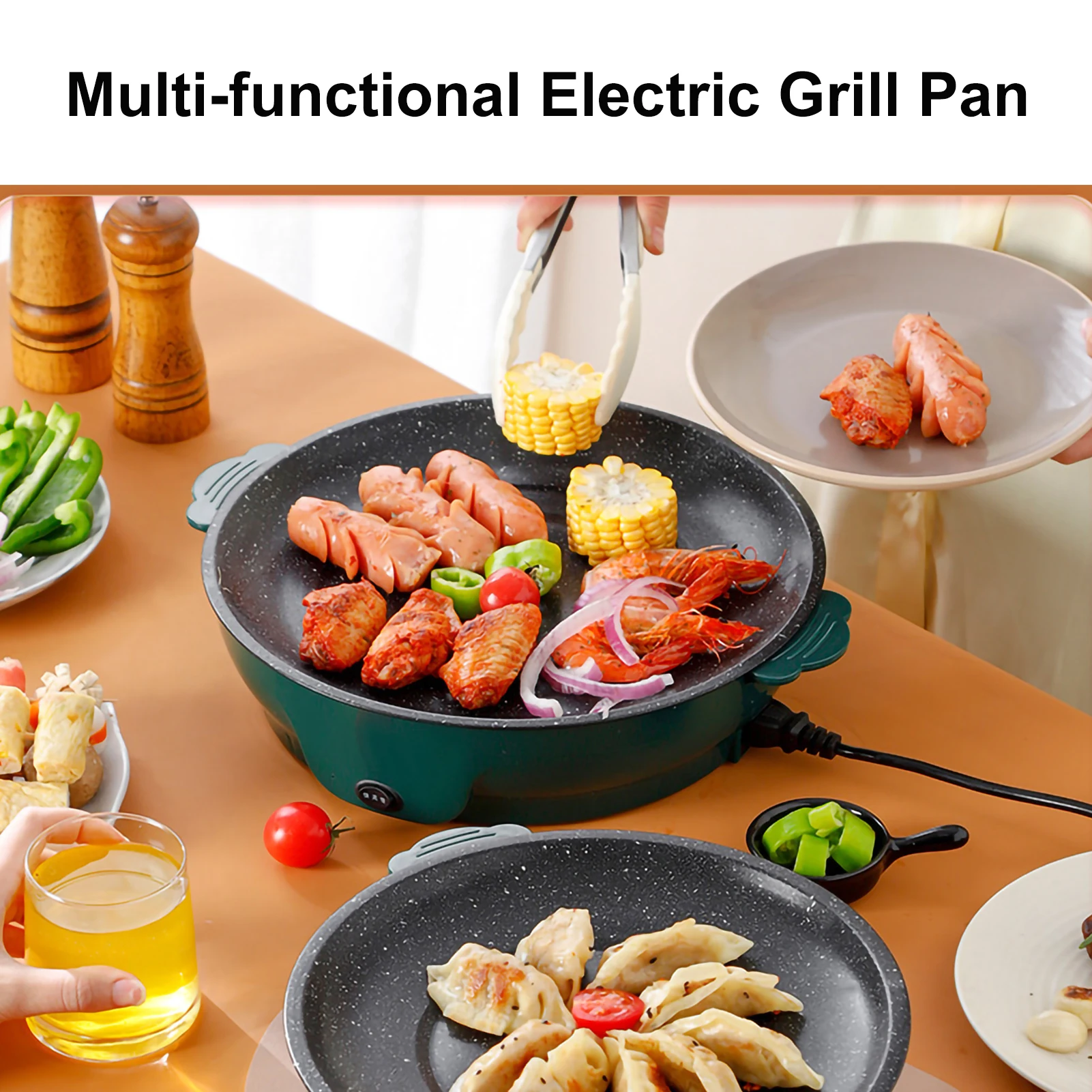 Electric Frying Pan Multifunction Barbecue Steak Fish Frying Pan Skillet Non-Stick Cooking Machine for Household Kitchen Camping