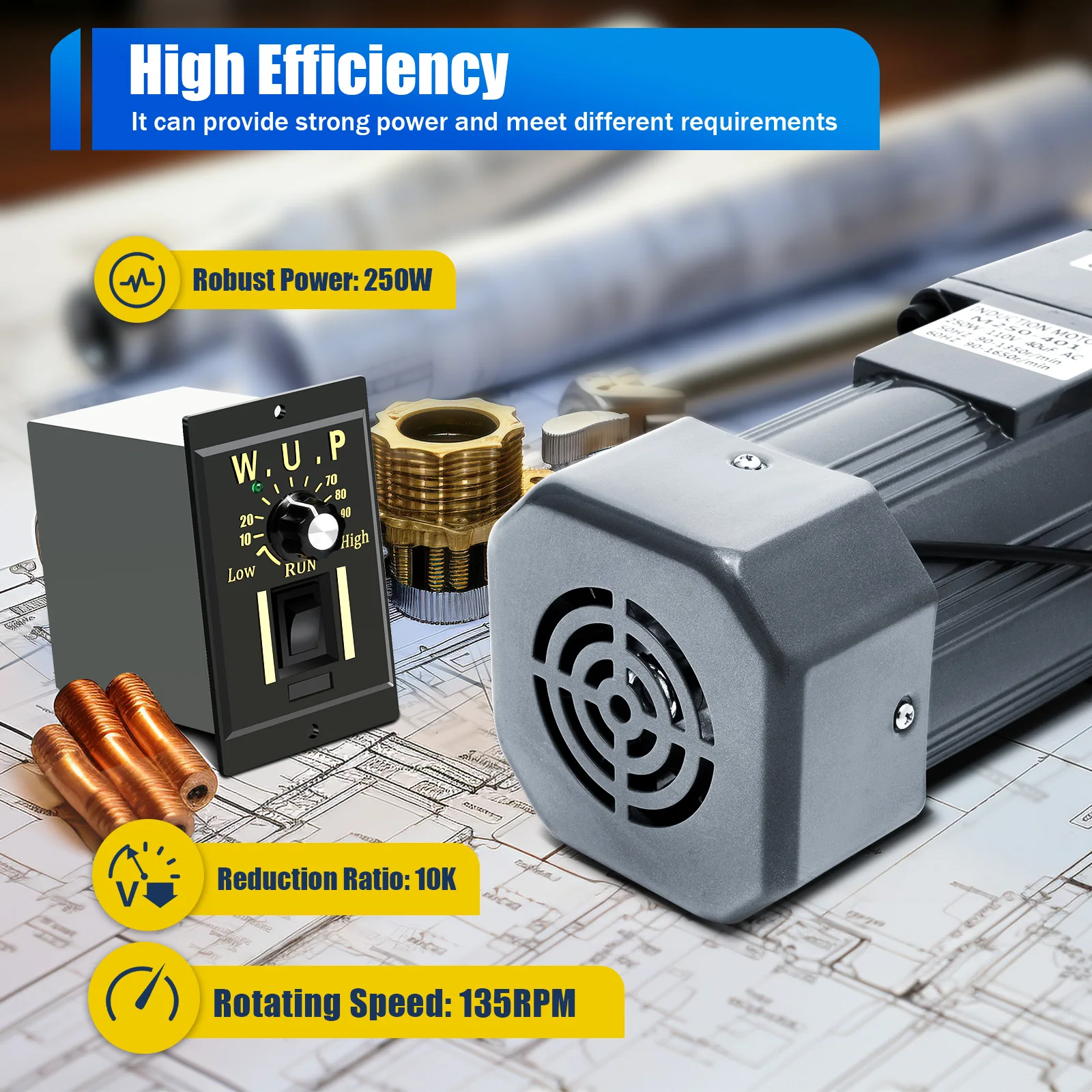 

250W AC Gear Motor Electric Motor Low Noise w/Variable Speed Controller 135rpm 10K 110V Variable Speed Adjustable Controller