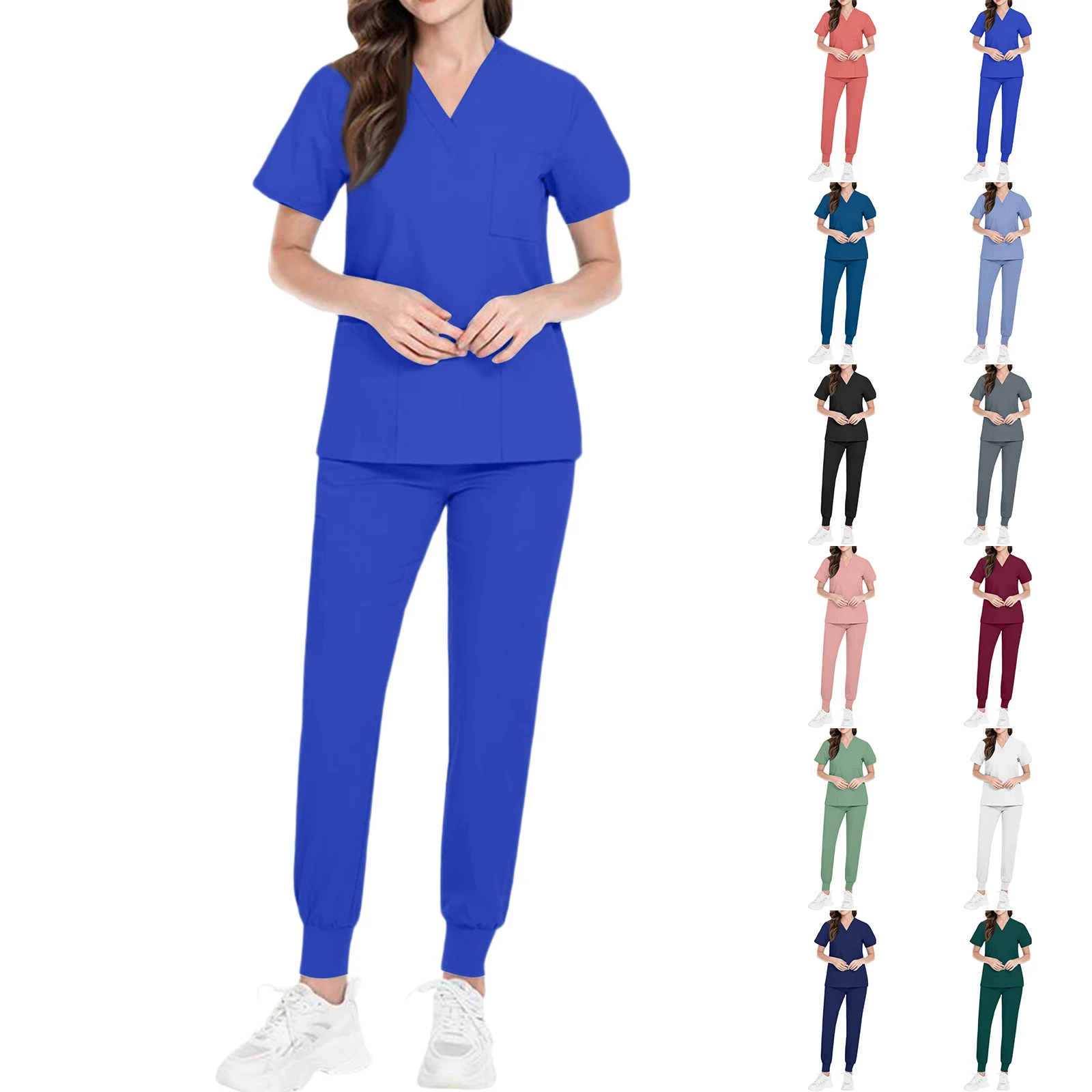 Women's Nurse Scrub Set V-Neck Short Sleeve Multi-Color Jogger Pants Multi-Pocket Medical Uniform Healthcare Workwear