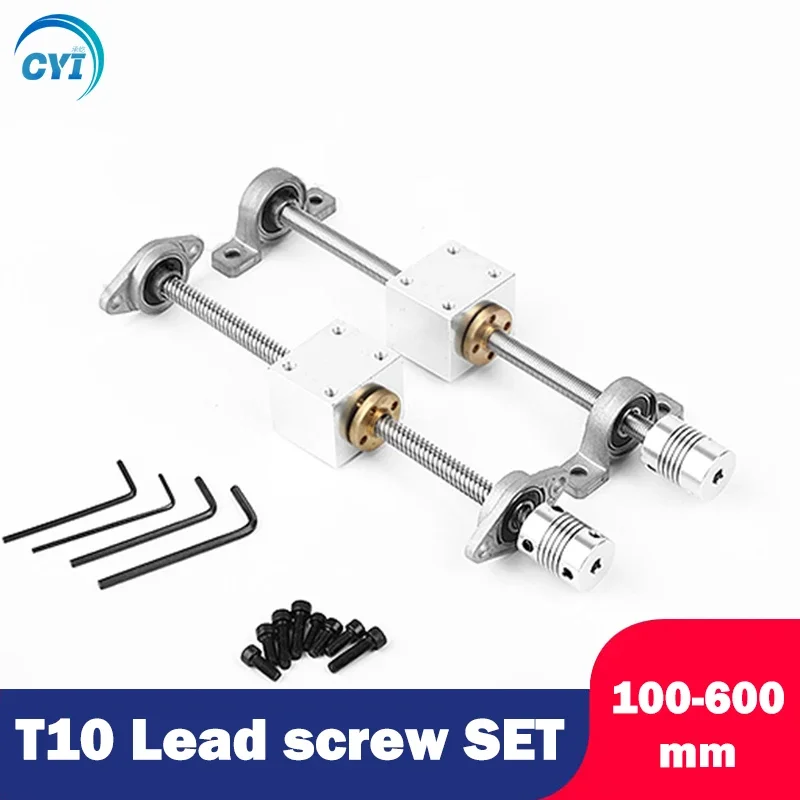 T10 Lead Screw Set Lead 10mm Pitch 2mm 100/300/500/600mm+Brass Nut+Coupling+2Pcs KP000 or KFL000 Support Block For 3D Printing