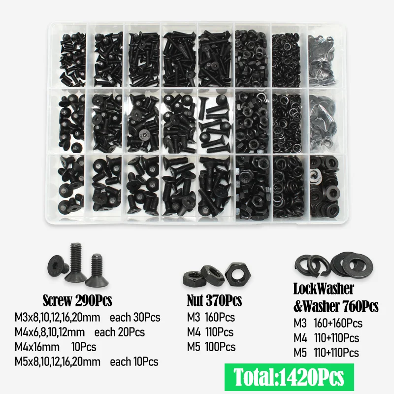 2520/Set schwarze Flachkopf-Innensechskantschrauben, Senkkopfschrauben, Muttern-Set, M2, M2,5, M3, M4, M5, M6, M8, legierter Stahl der Güteklasse 10,9, DIN 7991 – Detail 10
