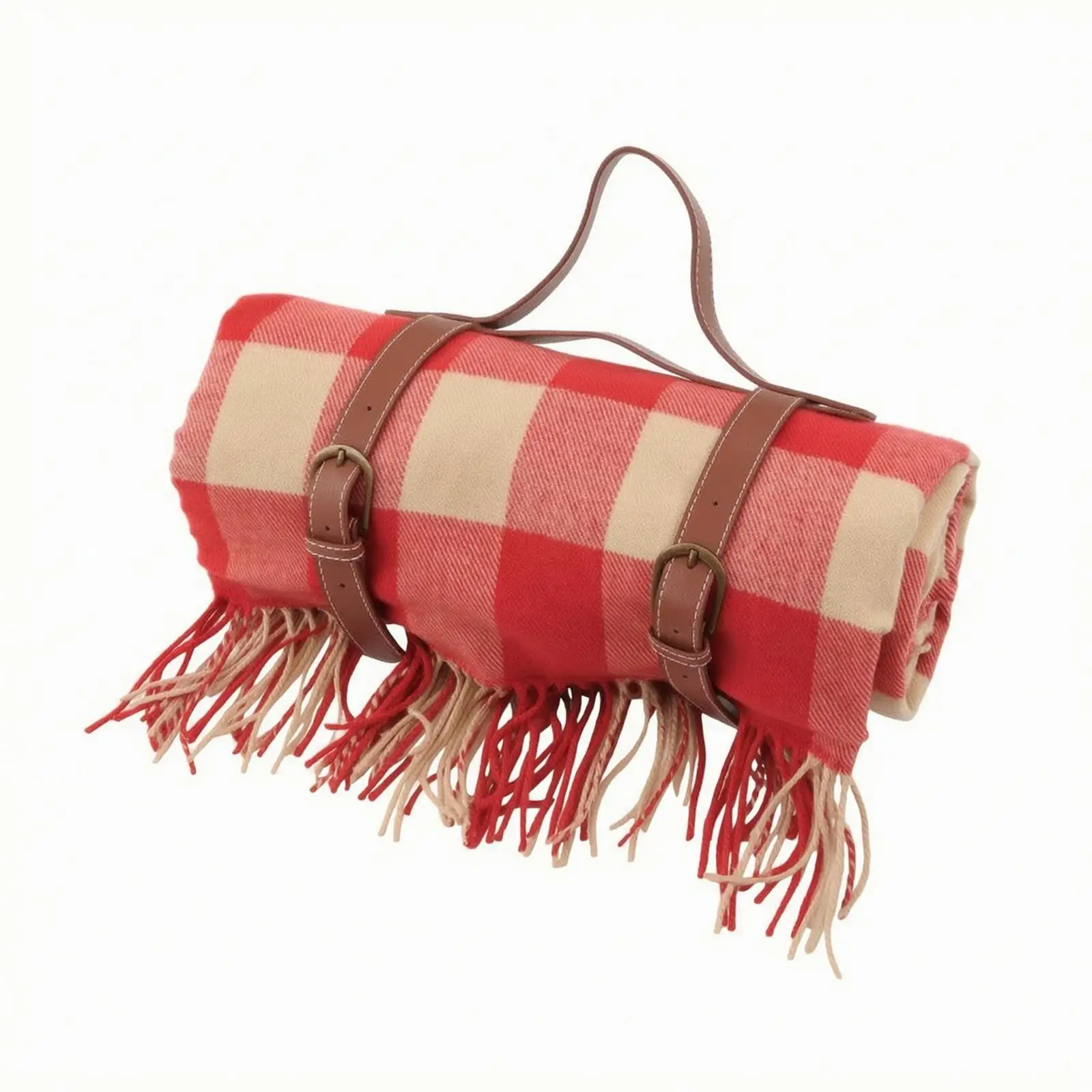 Classic Plaid Picnic Mat for Outdoor Use Acrylic Blanket with Fringe and Strap for Beach Camping Hiking Travel