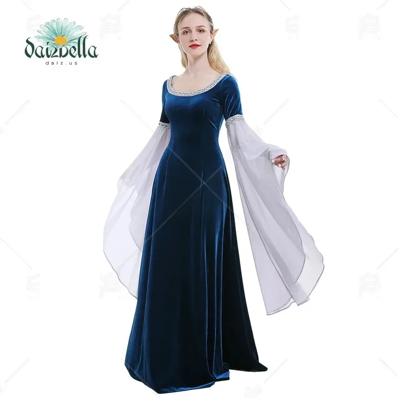

DAIZBELLA Halloween Medieval Cosplay Costume Handmade Historical Dress Retro Fairy Elf Dark Blue Velvet Gown with Sleeves