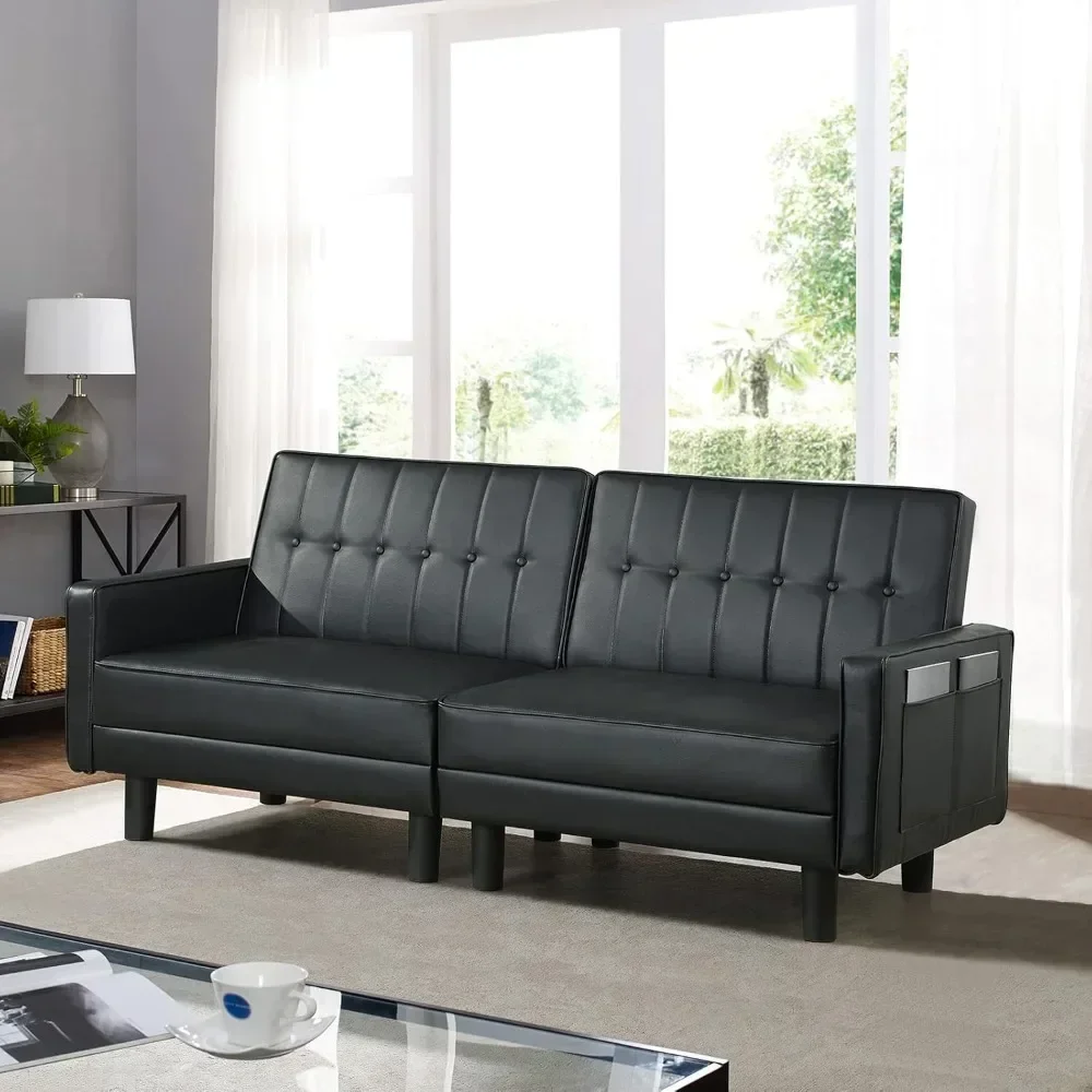 

72" Convertible Sleeper Sofa, Faux Leather Split-Back Sofabed for Small Spaces with Adjustable Backrest and Side Pockets