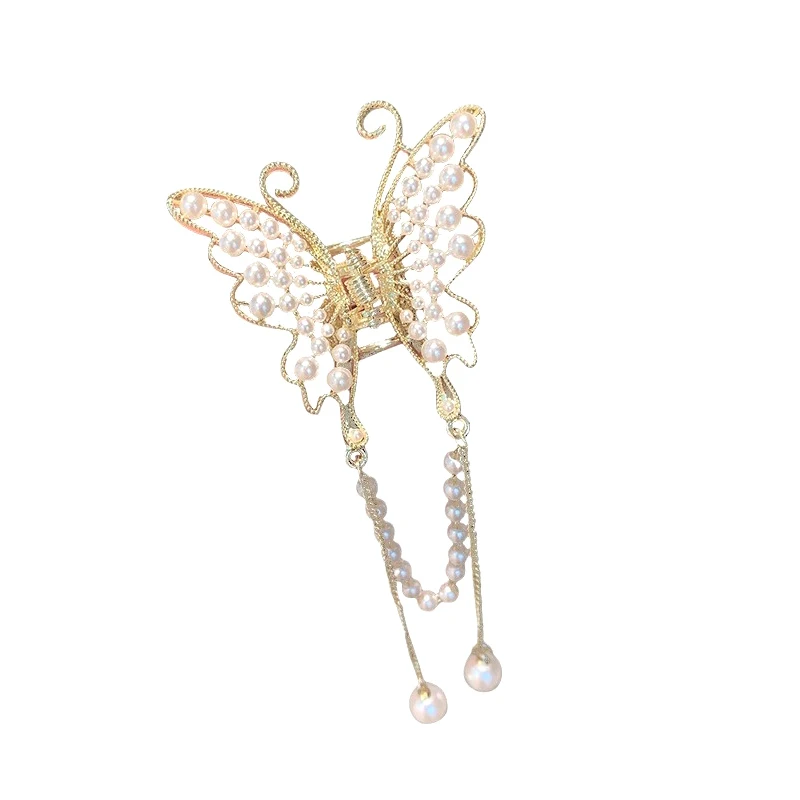 Retro Hollow Butterfly Tassel Hairpin Korean Girl Rhinestone Ponytail Hair Claw Elegant Pearl Hair Accessories For Women