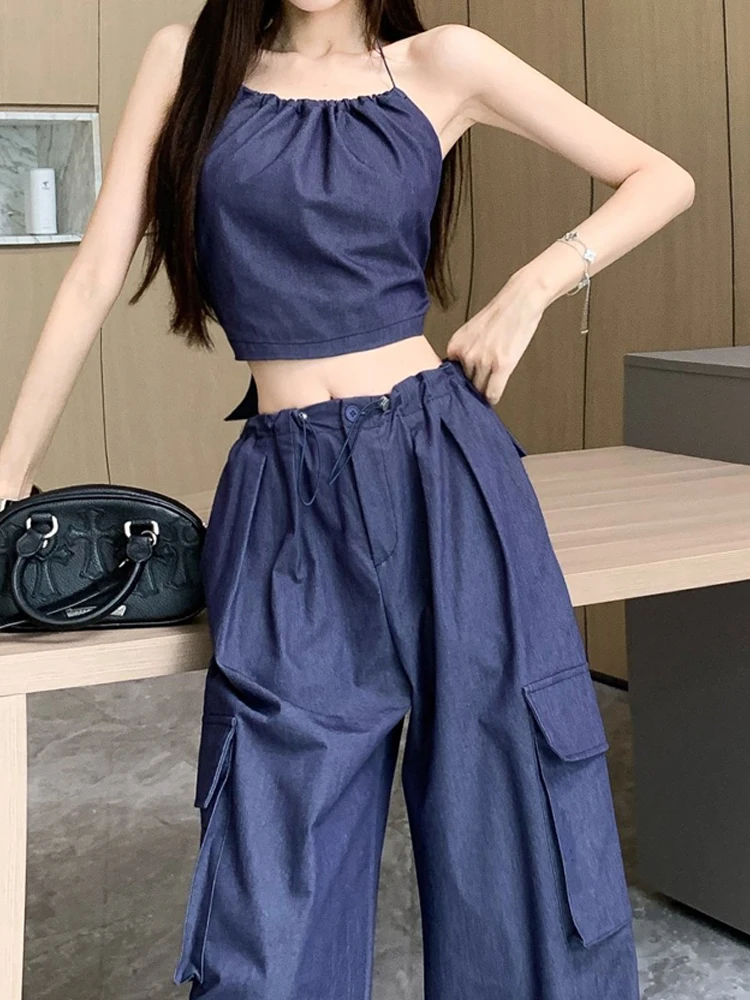 

American style cool women's summer fashion hanging neck strapless top high waist wide leg pants street two-piece set