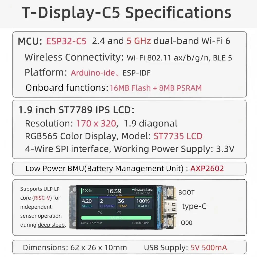 ESP32-C5 Development Module Dual Band 2.4GHz 5GHz WiFi6 BLE5 16MB Flash 8MB PSRAM 1.9 Inch ST7789 IPS170x320 RGB565 SPI Screen